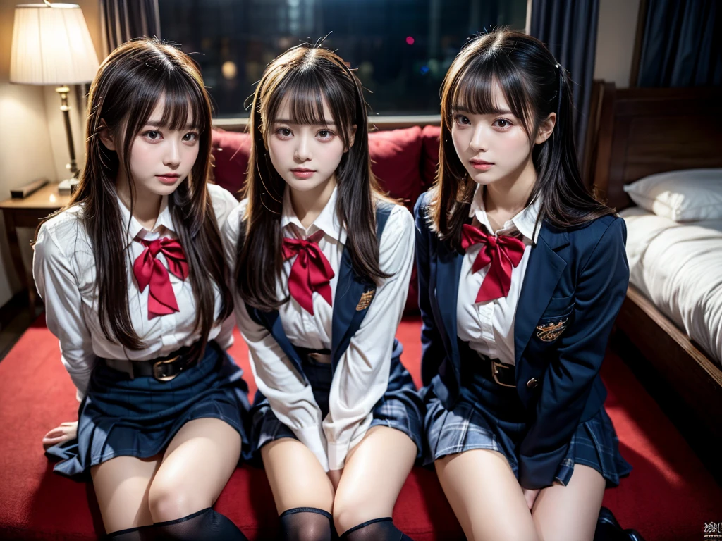 (8K, Raw photography, top-quality, ​masterpiece:1.2), master piece, best quality, illustration, Super detailed, fine details, High resolution, 8K,wall paper, perfect dynamic composition,(Details High quality, realistic depiction of eyes:1.3), ((2 girls, 2 schoolgirls)), The background is a luxury hotel room、High school girl uniform、blazer 、Super Short Check Uniform Skirt、Navy blue high socks、garterbelts、Colossal tits、Disturbed uniform, Play with each other,Touching each other's bodies,Touching the body of the girl next door, short bob hair, black hair color, huge breasts, Big Natural Color Lip, bold sexy pose, (perfect body shape), crying a little、cold gaze,  Beautiful makeup,glitter makeup,Cutest 18 years old, beautiful legs, hposing Gravure Idol, Voluptuous thighs