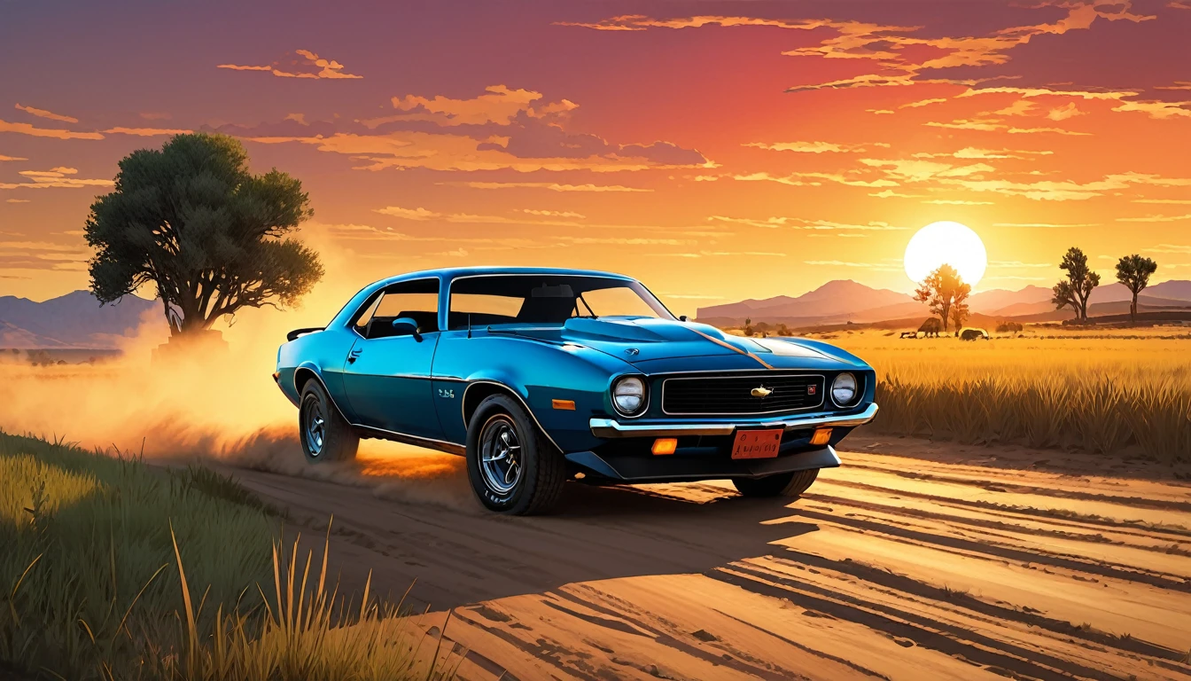 stylized digital 美術 featuring a vintage red Ford T parked by a dusty dirt road through a field during sunset. Blue car, Warm orange sky, Yellow and red, with the sun setting on the horizon. (Draw a car from behind),(The body color is shiny blue..),Blue Chevrolet Camaro.1973 model.The fields are covered with tall grass swaying in the wind.(Paved road)(The car is half the size of the whole)The grass is painted in shades of green and brown., There are some bright spots, this is、It may have been an artistic choice to emphasize the intensity of the scene.。.. The overall 美術 style is reminiscent of Cartoon Art, Bold lines and a limited color palette enhance the dramatic effect of the scene...Red Dead Redemption'Visual style of, at sunset, Cartoon Art, And Martin, sunset!, Eddie Mendoza, sunset illustration sun, Featured Art, Digital colorful illustration, (masterpiece), Highest quality
