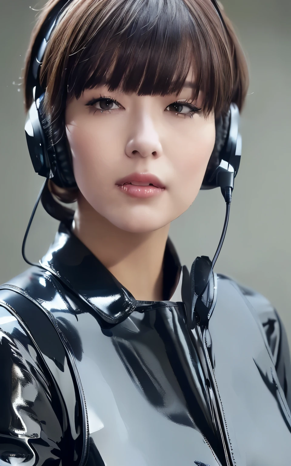 dressed, (photo realistic:1.4), (hyper realistic:1.4), (realistic:1.3), (smoother lighting:1.05), (Improve the quality of cinematic lighting:0.9), 32k, 1girl:1.2, 17 year old girl, realistic lighting, Backlight, light shines on your face, ray tracing, (bright light:1.2), anatomically correct proportions, (Improvement of quality:1.4), (Highest quality realistic textured skin:1.4), (detailed eyes), (black eye), detailed face, high quality eyes, (Tired, sleepy and satisfied:0.0), (((close up of face:1.4))), ((black latex tube dress likes police uniform, wearing high-tech headset, military harness:1.15)), japanese girl, (Enhance the mood of your body line:1.1), (Enhances the beauty of skin texture:1.1), (light makeup:1.5]], eyeliner), hair dancing in the wind, brown hair, pixie cut, ((bright dark short (bangs swept to the side), very detailed)),