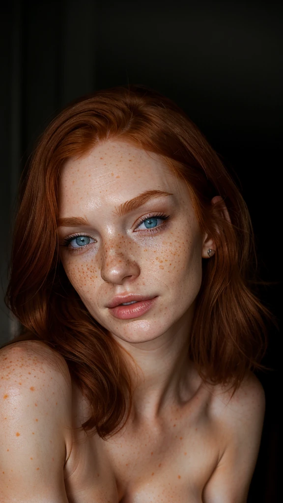 Super cute redhead woman in dark theme flash photo. natural pointed naked breasts, hard nipples with realistic details, very small waist, slim body, blue eyes, highly detailed eyes, giant breasts, realistic skin, freckles, epic realism, freckles, RAW, realistic skin, epic realism, HDR: 1.5 , epic skin detail,