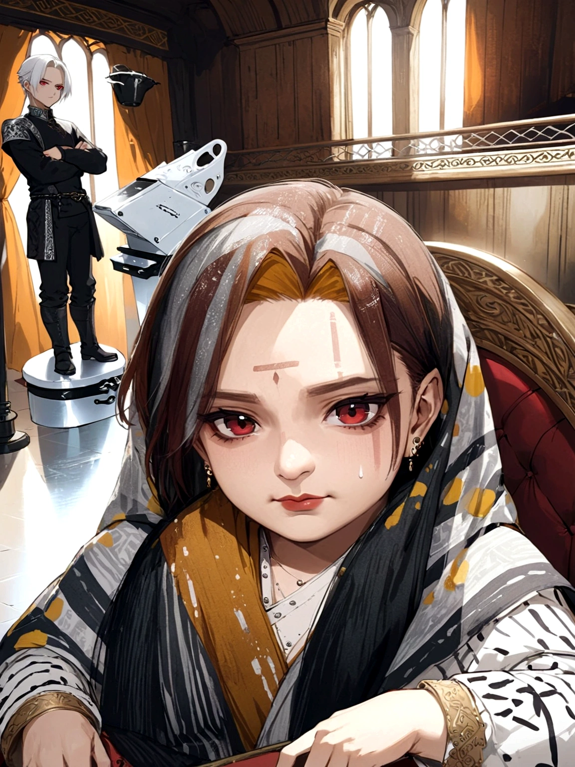 A majestic anime boy with striking white hair, piercing red eyes, and a distinct forehead scar, sitting regally on an ornate throne, adorned in a lavish royal dress, surrounded by a golden, medieval-inspired atmosphere.