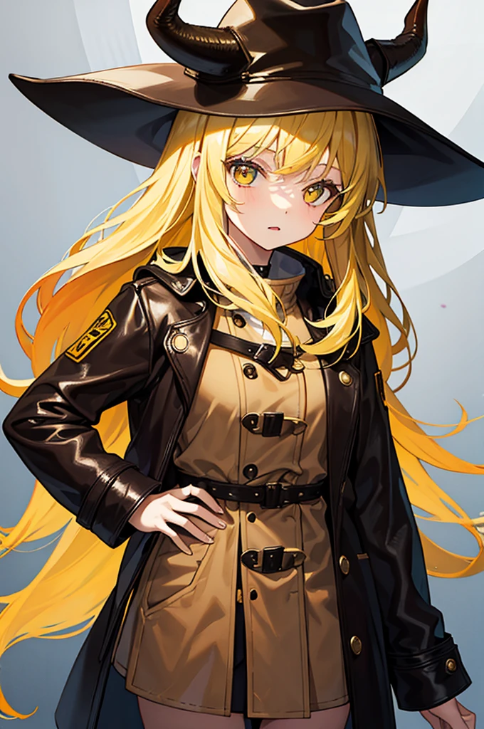 1girl, brown leather duster, cowboy hat, yellow hair, black horns