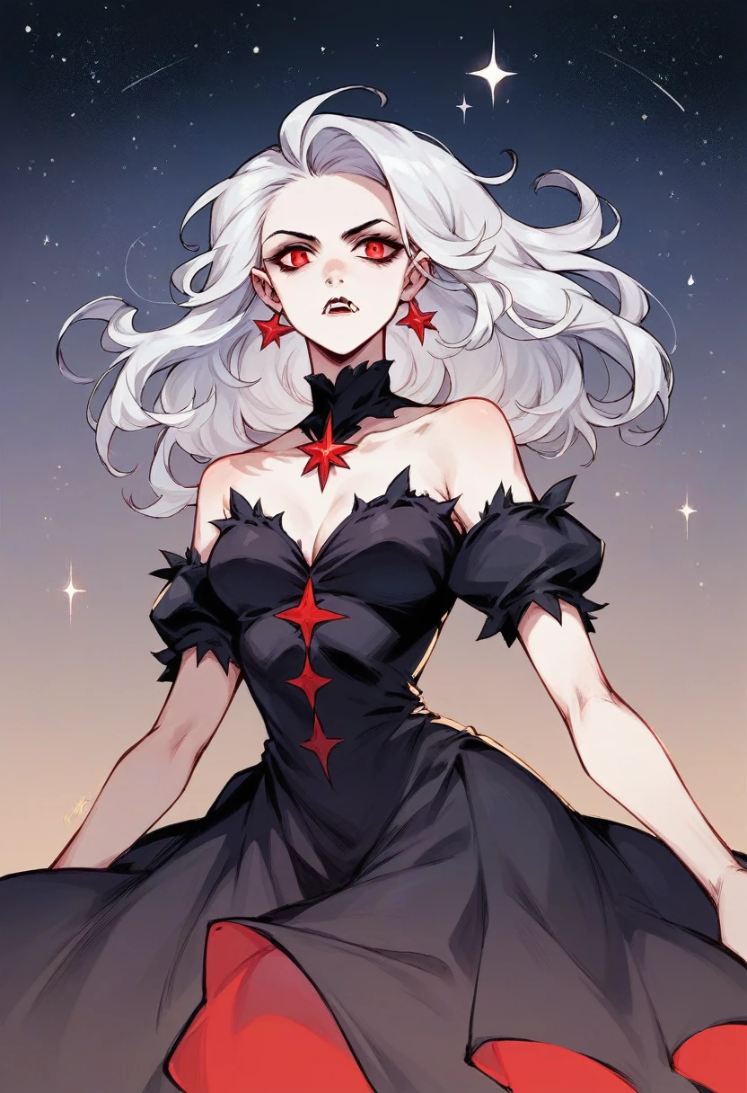 (beautfull woman), (white hair), (Eyes red), (A vampire), (black velvet dress), (series), (super verbose), (high qualiy), (flat hair), (Starry sky).
