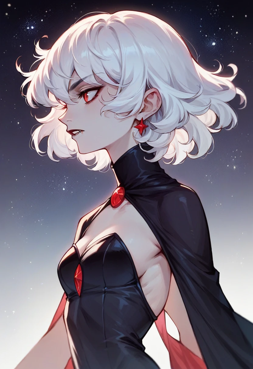 (beautfull woman), (white  hair), (Eyes red), (A vampire), (black velvet dress), (series), (super verbose), (high qualiy), (flat hair), (Starry sky).