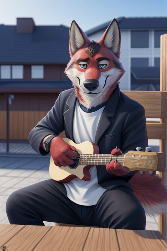 Ivan Fedorovich Wolfbach (Novosibirsk) ,tall handsome, wolf,young, 24 years, brown fur,Kind,(red body:1.3),beautiful blue eyes,Novosibirsk,dressed, blazer,White shirt,trousers,shoes,самый Kind, canine, wolf, detailed fur, male, antro, paw pads, finger claws,at viewer, 5 fingers, paws, 5 fingers, smile, wrist watch, т nextel,by xenoforge, (difficult, high detail, digital photography, soft focus, RAW species палаты ,very close to the camera, species,Novosibirsk, smile, a good mood, positive, very close to the camera,Houses, sitting in a chair, plays guitar,
Photorealism, realistic, photorealistic, digital style, Subsurface scattering,Looking at the viewer, holds, child, lupus,
masterpiece, Best quality, ultra realistic, 8 k)