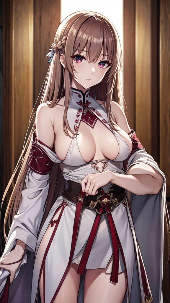 , hensfw, Extremely delicate skin, masterpiece, Best quality, very detailed face, The best computer graphics, Medium breasts, oulders, dark burgundy eyes, long brown straight hair, white袖套, white, slender body, sword art, Asuna