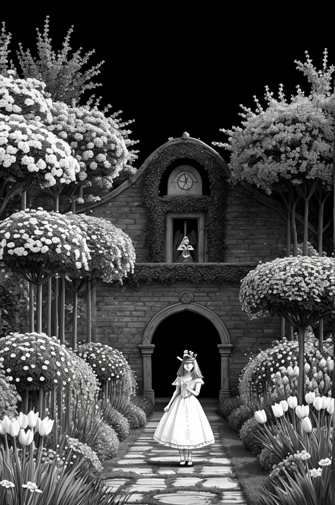 Black and white drawing of Alice enters a garden where flowers can talk and sing, with the animation of the movie Alice in Wonderland