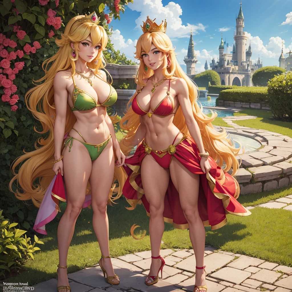 " highly detailed and vibrant illustration of Princess Peach from Super Mario Bros., reimagined with an adult, mature feel. She is supposed to be wearing a small gold crown adorned with intricate designs and a matching gold necklace with a crown-shaped pendant. Princess Peach must be dressed in a small red bikini, showing off a sexy, athletic physique and slightly bodybuilder fitness tone, green dry sewer pipes.