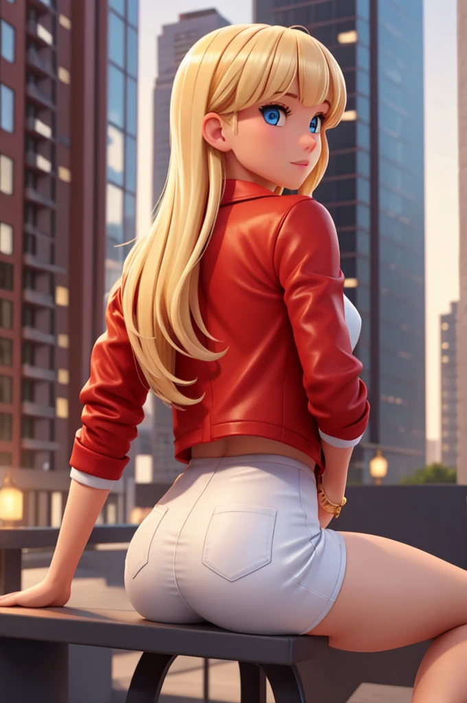 a sexy girl, with BLONDE hair, She is in the city, and is wearing a red jacket open over a WHITE BODY, Blonde with bangs, Blue eyes, visible nipple, view from behind sitting