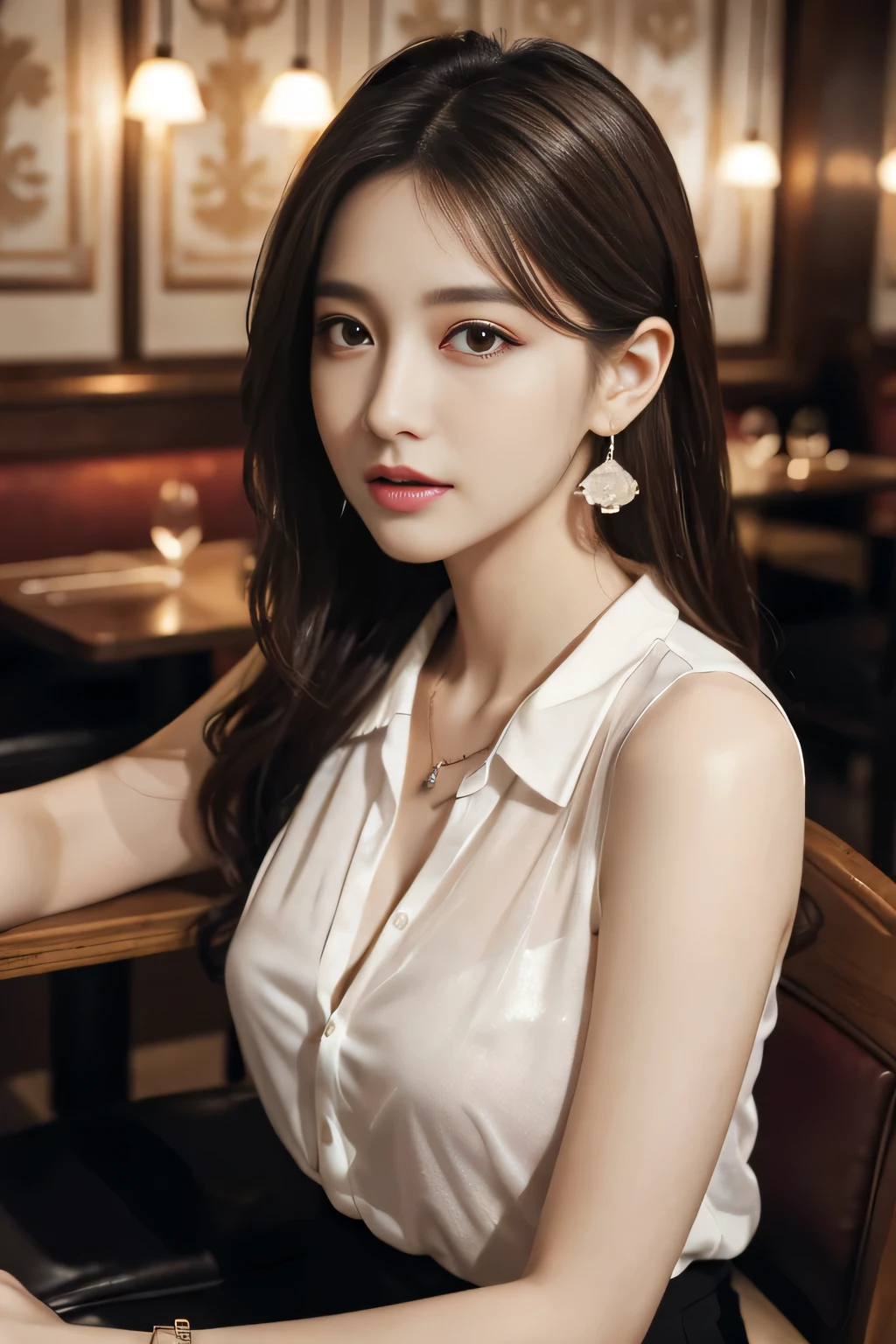 masterpiece, Highest quality, Realistic, Very detailed, Finer details, High resolution, 8k wallpaper, One beautiful woman, Wear an elegant white see-through shirt, In a great restaurant, At night, Light brown messy hair, Perfect dynamic composition, Beautiful and beautiful eyes、Big earrings、Sit on a chair、Sleeveless shirt、