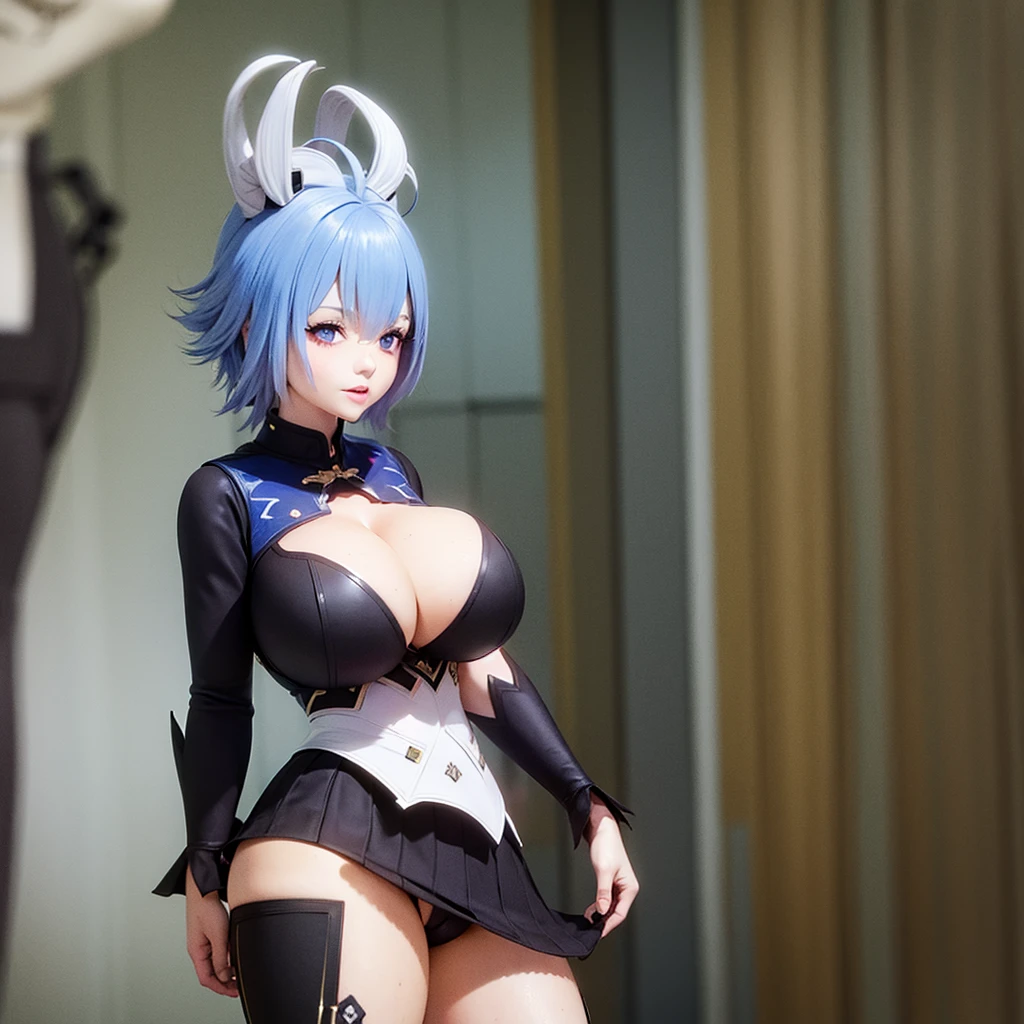 1 girl, short skirt, blue eyes, big breasts, in fourth