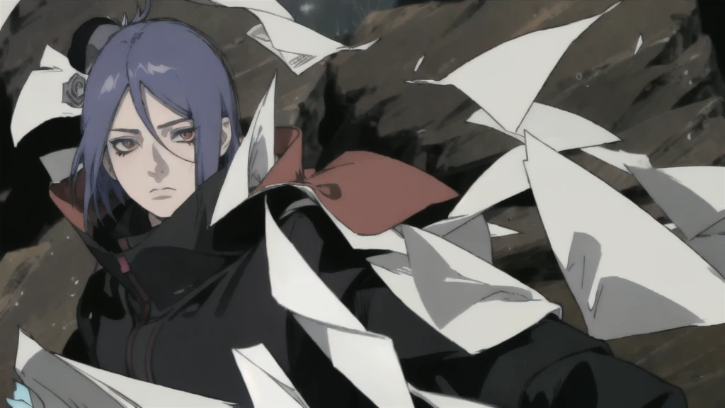 konan \(naruto\), solo, looking_at_viewer, 1girl, closed_mouth, paper wings, akatsuki outfit, paper jutsu, labret piercing, high quality eyes,