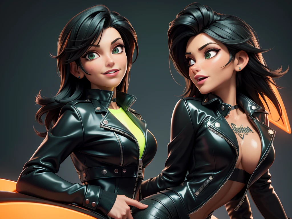 obra prima, melhor qualidade, ((gina gershon, black hair)) head back, sassy wicked, open mouth, big teeth smile, thick smoky black eye shadow, long fake eyelashes, sultry eyes, ((dark orange leather biker jacket,)) biker jacket has stiff collar, leather blouse, ((neon green pvc skinny pants,)) studs zippers snaps, shiny leather gloves, nip slip, body is skinny, laying down hugging each other on sofa, shiny tight buttocks, arched back, mashing breasts, (passionate kissing,) camera view of whole body, looking up at me, shallow depth of field, highres, HD, 8k, anatomically correct
