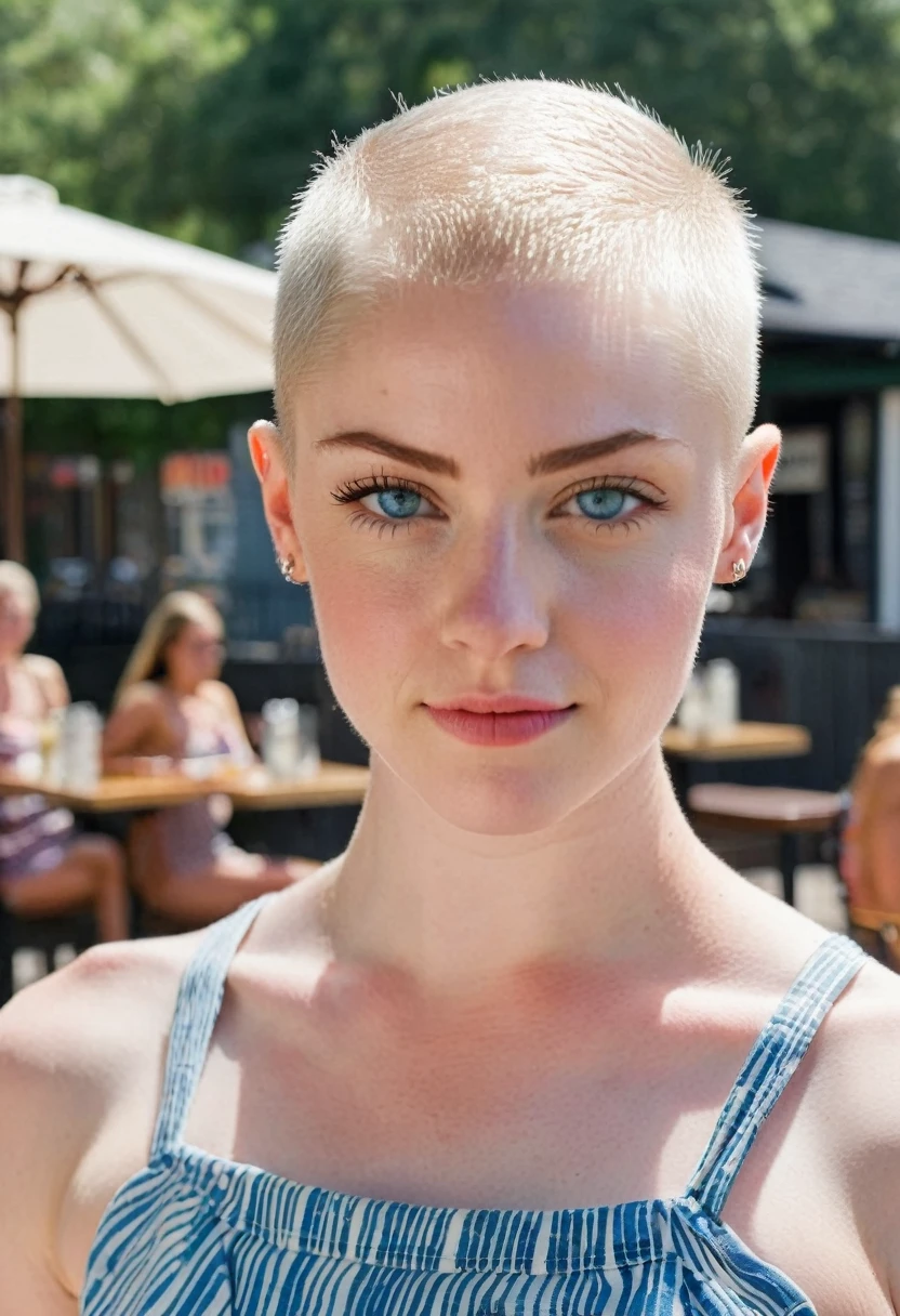 Mugshot of a muscular female college girl with a buzz cut, pale skin and blue eyes and no makeup standing at an outdoor restaurant wearing a sundress