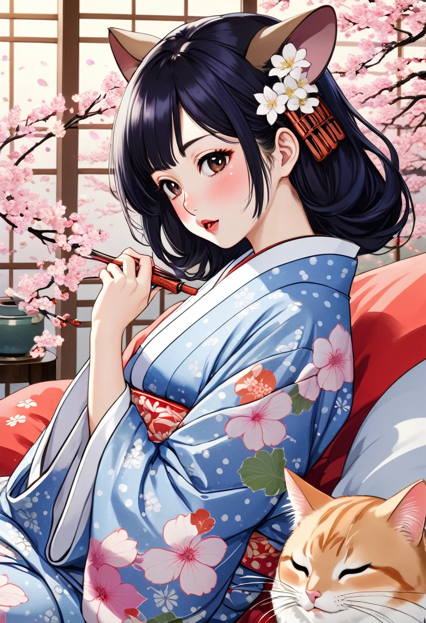 (utamaro style:1.2) , Hallucination, daydream , nightmare , Insane Dream , bokeh , erotica , romance , realistic mouse nymph and realistic cat , yukata , futon , Petals fluttering down , Single eyelids, round nose, swollen cheeks , glossy lips , Mount Fuji, Hawk, licking Eggplant , Collarbone , Disheveled Hair