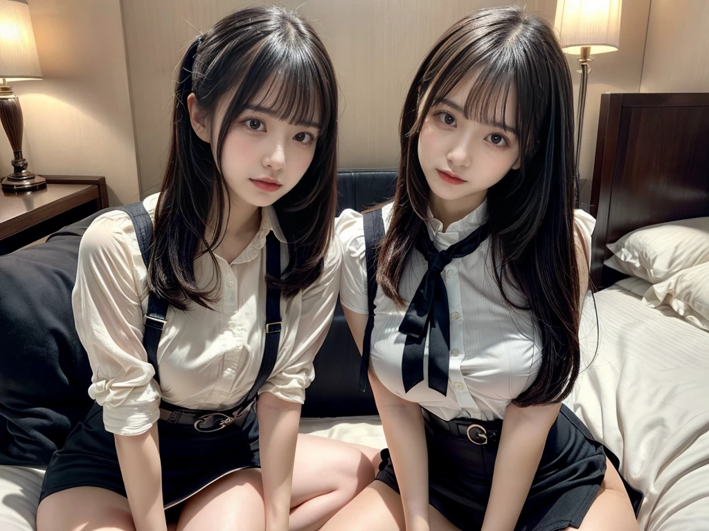 master piece, best quality, illustration, Super detailed, fine details, High resolution, 8K,wall paper, perfect dynamic composition,(Details High quality, realistic depiction of eyes:1.3),((2 girls)), (Fashionable, a belt black suspenders, Aside Cutter Shirt, a miniskirt, garterbelts), short bob hair, large breasts, black hair color, Big Natural Color Lip, (perfect body shape), Touching each other's bodies,Touching the body of the girl next door,crying a little、Harajuku style、20 year old girl、beautiful legs, hotel room, Gravure Idol, Voluptuous thighs, (woman on top, straddling, sitting)