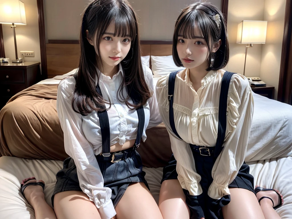master piece, best quality, illustration, Super detailed, fine details, High resolution, 8K,wall paper, perfect dynamic composition,(Details High quality, realistic depiction of eyes:1.3),((2 girls)), (Fashionable, a belt black suspenders, Aside Cutter Shirt, a miniskirt, garterbelts), short bob hair, large breasts, black hair color, Big Natural Color Lip, (perfect body shape), Touching each other's bodies,Touching the body of the girl next door,crying a little、Harajuku style、20 year old girl、beautiful legs, hotel room, Gravure Idol, Voluptuous thighs, (woman on top, straddling, sitting)