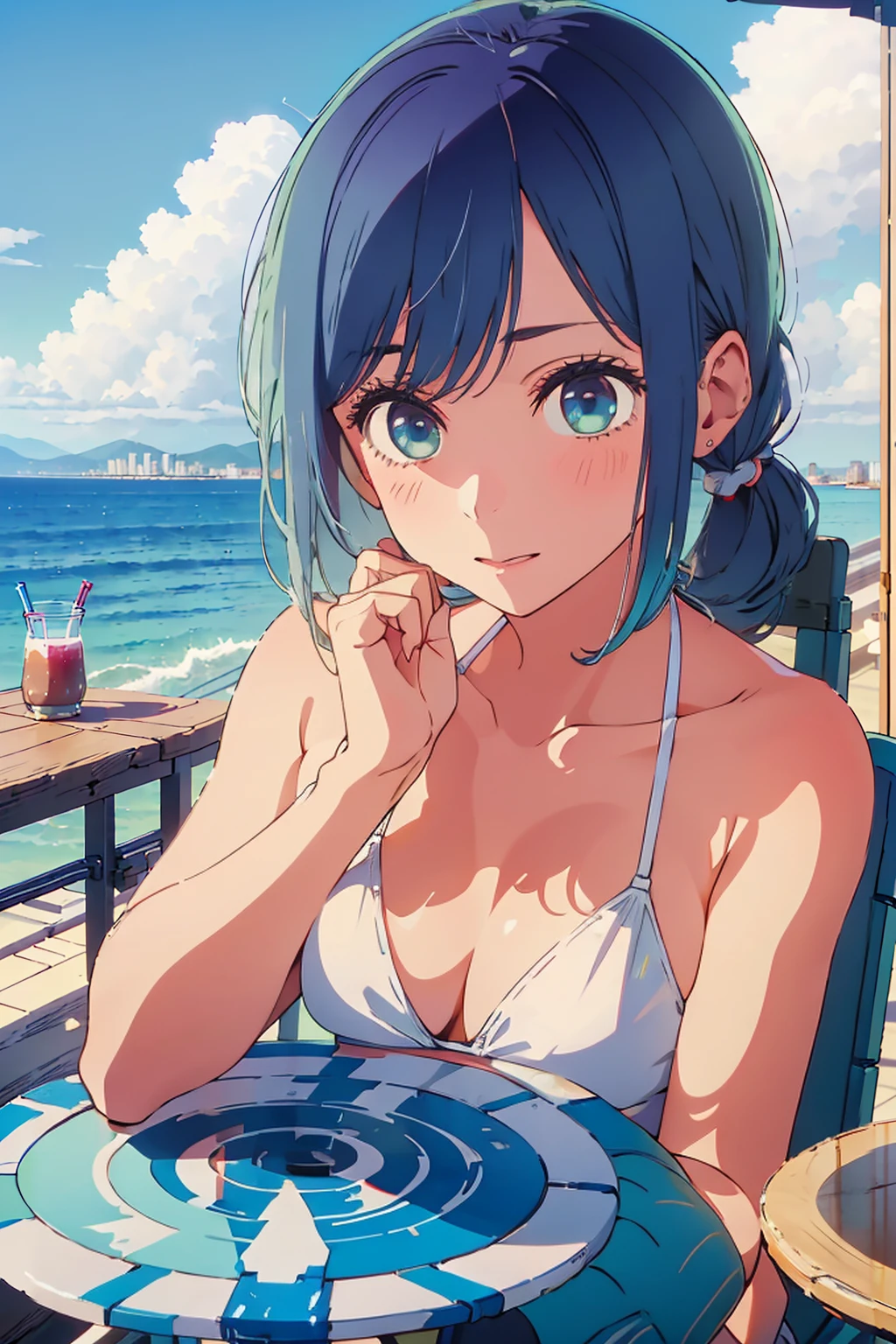 (Highest quality:1.4、8K:1.4、detailed)、F cup bust、Big Breasts、Slim body、Very white beautiful skin、((((1 person、Surprised expression、sit、Chair、In the background are the urban buildings of Tokyo、looking at the camera、Outdoor café terrace、coastal、Navy hair color、juice、White side string high leg bikini、Shooting up close、table、Very cute face))))、(Pose of putting hair behind ears with hands:1.4、Low ponytail:1.4)、Very blue sky、A completely cloudless sky