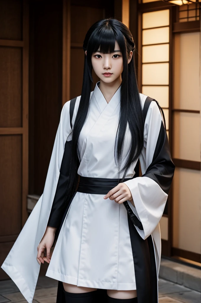 Kaori is a 19 year old Japanese girl 1.70 tall.
He has black hair with long, calf-length bangs., being pale white skinned.
His features are fine, His eyes are gray and he has reddish lips..
He is wearing an elegant demon hunter uniform., with a white Haori, the sleeves on this one are slightly longer.
It belongs to the Demon Slayer universe