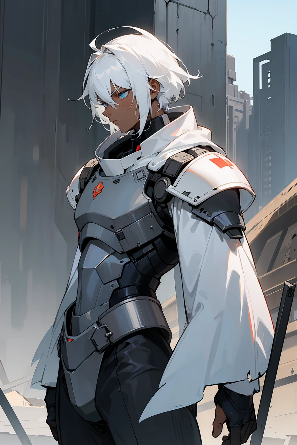 1male , Dark Skin , White Hair , Black Bodysuit , Armored Military Clothing, Ruined City Background , Pale Blue Eyes , Serious Expression , Perfect Generation , Adult Male
