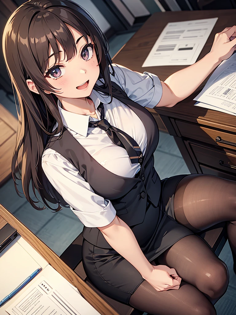 masterpiece, best quality, expressive eyes, perfect face, highly detailed, intricate detailed, atmospheric perspective, solo, 1mature seductive woman lifting skirt, lie sprawled on desk, spread legs, alluring pose, brown semi long hair, neckless, business suit, checked vest, blouse, black pencil skirt, tight mini skirt, pantyhose, panties, curvy, thighs, calm smile, open mouth, from above, in office, at night,