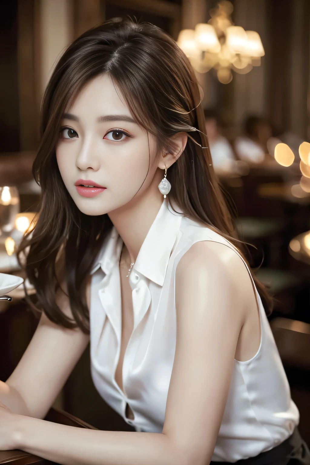 masterpiece, Highest quality, Realistic, Very detailed, Finer details, High resolution, 8k wallpaper, One beautiful woman, Wear an elegant white silk shirt, In a great restaurant, At night, Light brown messy hair, Perfect dynamic composition, Beautiful and beautiful eyes、Big earrings、Sit on a chair、Sleeveless shirt、