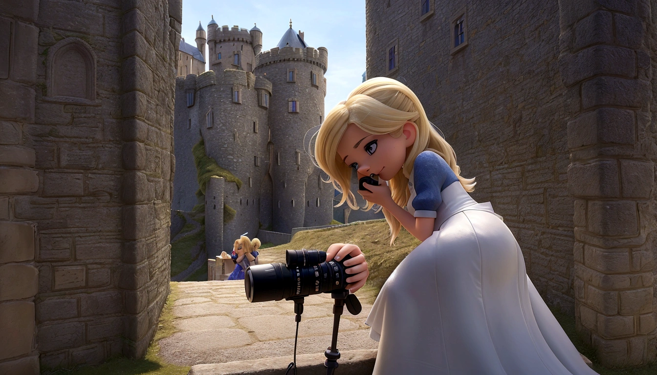 blonde woman taking a photo of a castle with a camera, with a castle in the background, sitting in a castle, walking in a castle, in a castle, with castle in the distance, standing near a castle, castle in the background, surrounding the city, powder Nándor Katona, castle in the background, gothic castle in the background