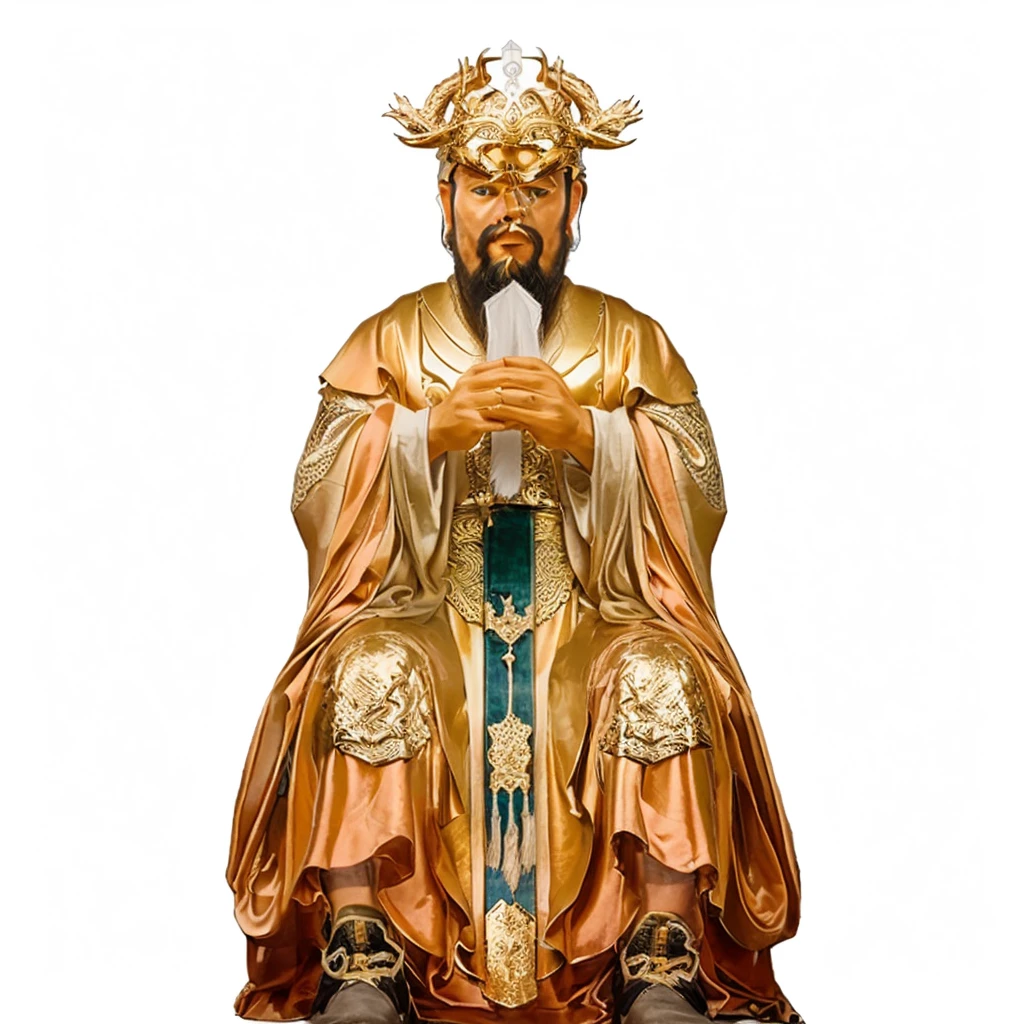 ancient chinese man with beard, emperor robe, holding a white arrow shape Metalplate, dragon crown, dragon patterns on robe