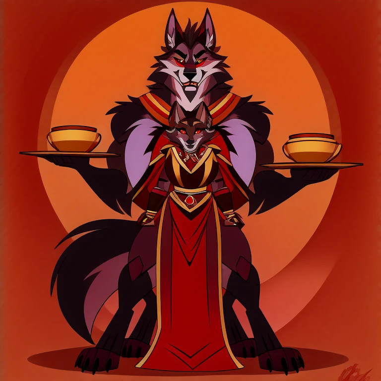 (masterpiece, best quality:1.2), Vortex female and male hellhounds, wolf, furry, helluva boss, yellow_tabard, tribal clothes, carrying a tray with golden cups full body image