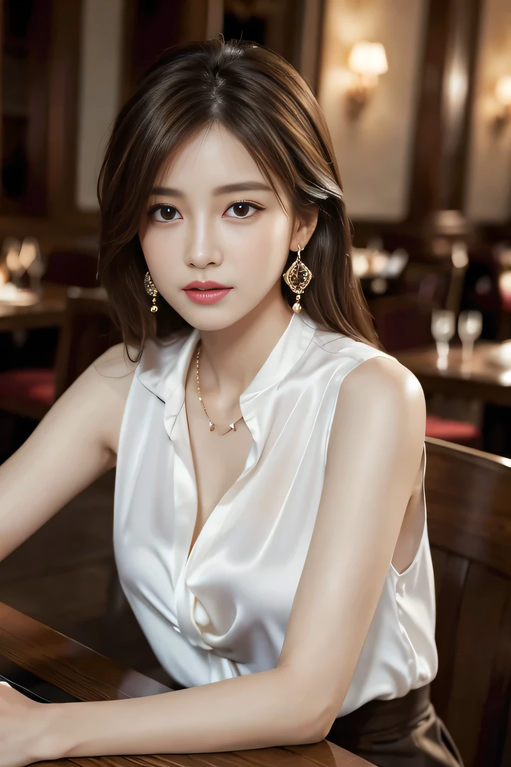 masterpiece, Highest quality, Realistic, Very detailed, Finer details, High resolution, 8k wallpaper, One beautiful woman, Wear an elegant white silk shirt, In a great restaurant, At night, Light brown messy hair, Perfect dynamic composition, Beautiful and beautiful eyes、Big earrings、Sit on a chair、Sleeveless shirt、