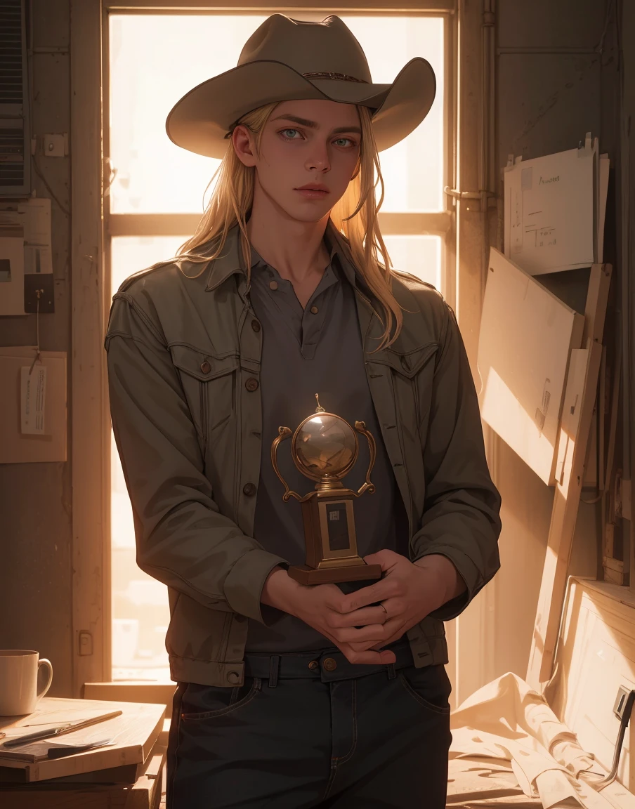 handsome young man, long blonde hair, cowboy hat, detailed face, intricate details, realistic lighting, dramatic shadows, warm color tones, photorealistic, cinematic, (best quality, 8k, realistic, photo-realistic:1.37), hyper detailed, masterpiece, award winning photography, dramatic lighting, cinematic composition, chiaroscuro, warm color palette