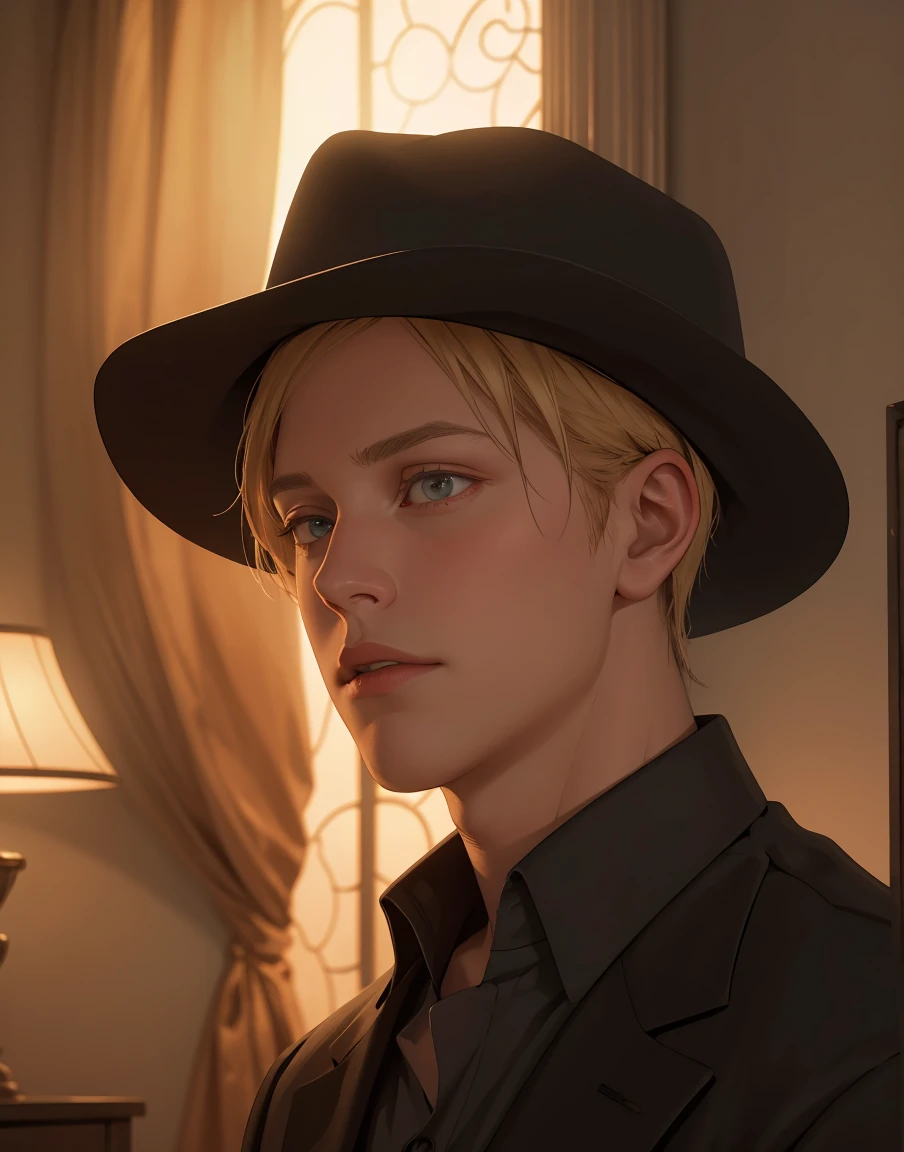 handsome young man, long blonde hair, cowboy hat, detailed face, intricate details, realistic lighting, dramatic shadows, warm color tones, photorealistic, cinematic, (best quality, 8k, realistic, photo-realistic:1.37), hyper detailed, masterpiece, award winning photography, dramatic lighting, cinematic composition, chiaroscuro, warm color palette