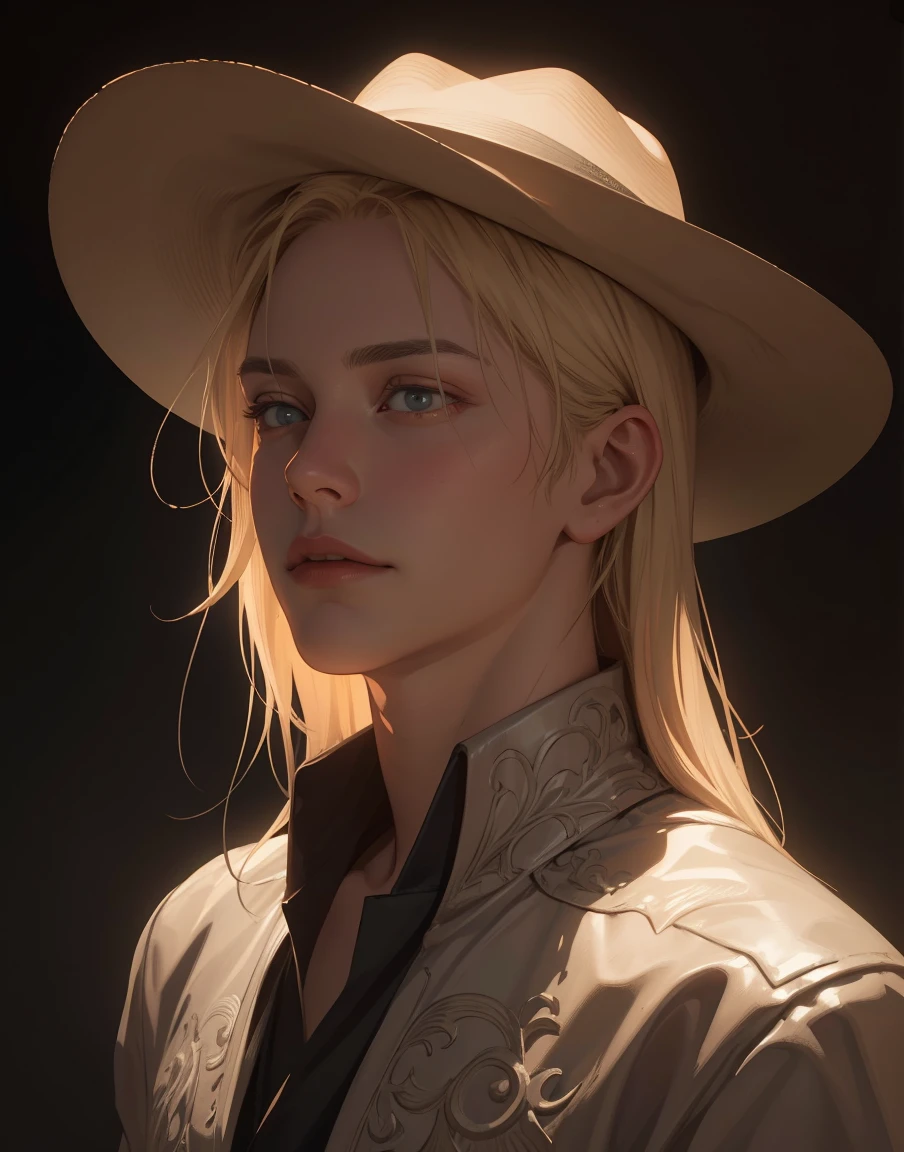 handsome young man, long blonde hair, cowboy hat, detailed face, intricate details, realistic lighting, dramatic shadows, warm color tones, photorealistic, cinematic, (best quality, 8k, realistic, photo-realistic:1.37), hyper detailed, masterpiece, award winning photography, dramatic lighting, cinematic composition, chiaroscuro, warm color palette