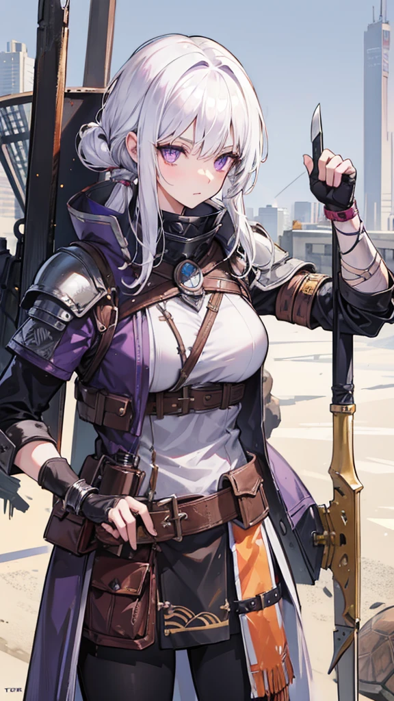 Female, White hair, purple eyes, Old Glove, 160 cm, 18 years, Knife Spear, Raider Cloth3, Turtle's Rusty bracelet, Copper Helmet, Riot Shield, Tomboy, wasteland