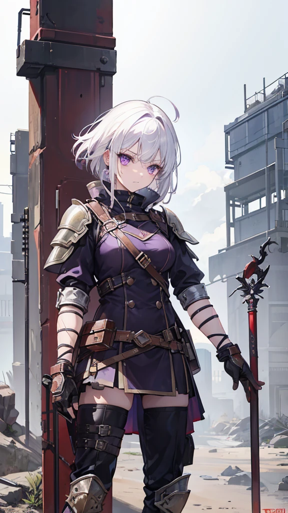 Female, White hair, purple eyes, Old Glove, 160 cm, 18 years, Knife Spear, Raider Cloth3, Turtle's Rusty bracelet, Copper Helmet, Riot Shield, Tomboy, wasteland