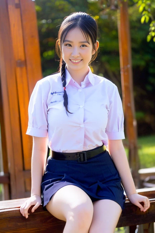 (masterpiece, best quality:1.2), 1girl, (ponytail hair styles),Beautiful girl wearing a , ((thai school uniform)), (posing sitting with legs dangling on the edge of a table, facing the camera, hands crossed behind her back), in a wooden house, morning,  There's little light.