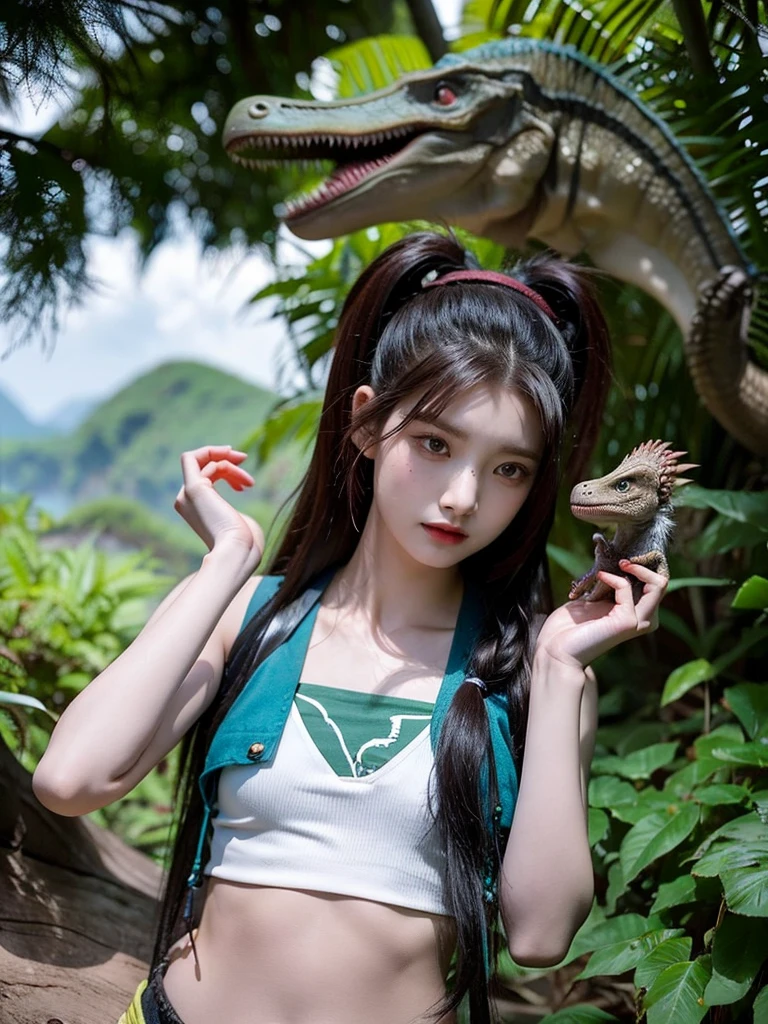 Chica linda como wang yiren, in jurassic park jurassic park with a little dinosaur.