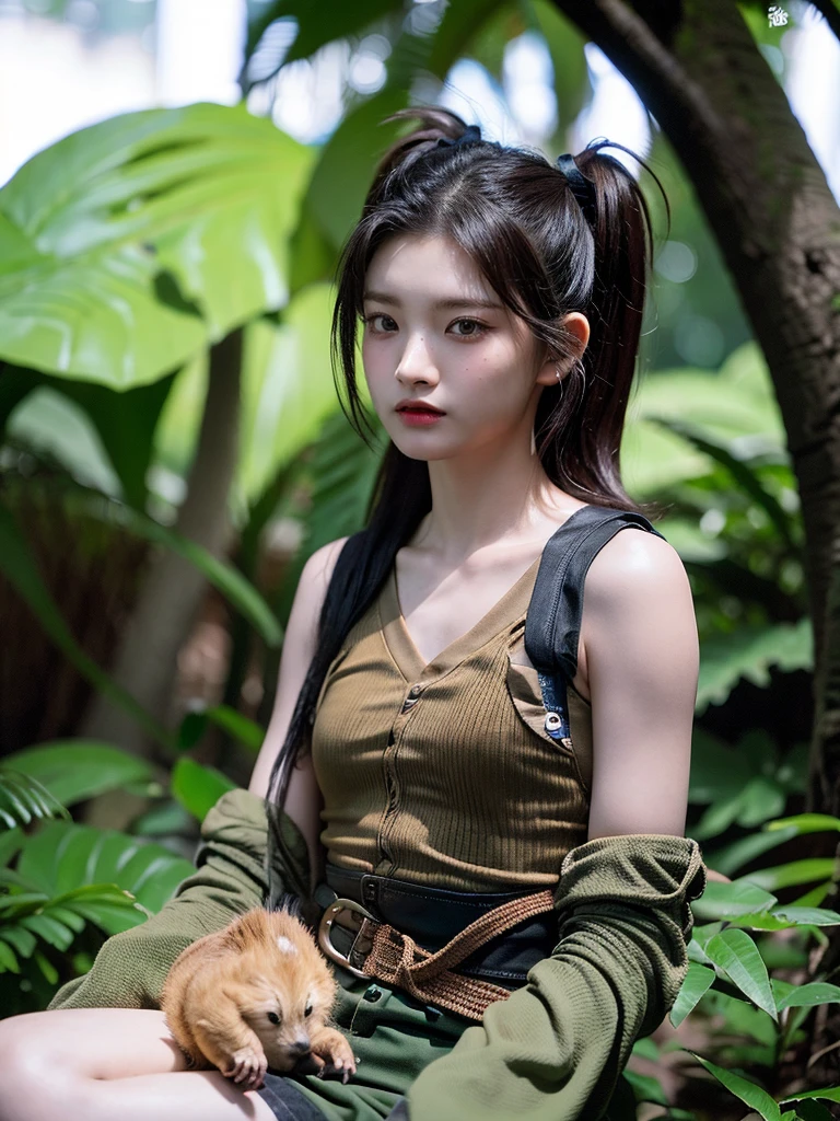 Chica linda como wang yiren, in jurassic park jurassic park with a little dinosaur.