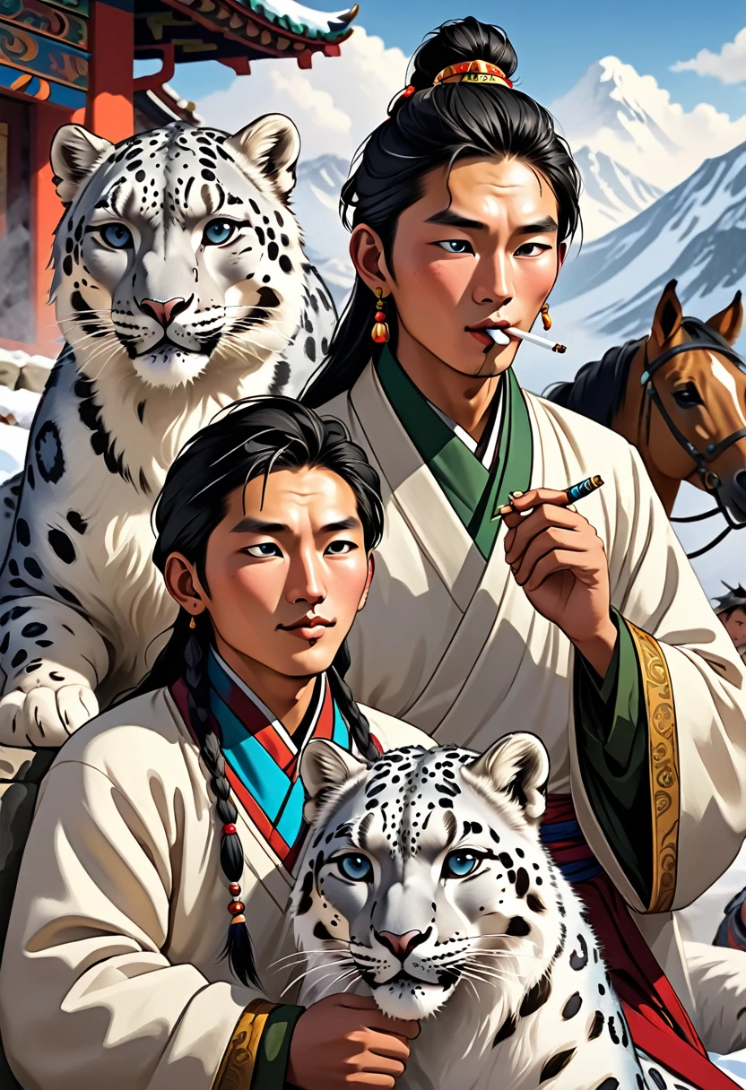 high quality, Rich in details, Tibetan young man,Two pets,One is a pet snow leopard,The other is a horse that looks like pearl,Youth smoking,vape,Riger Five Generations,Background with young people giving speeches
