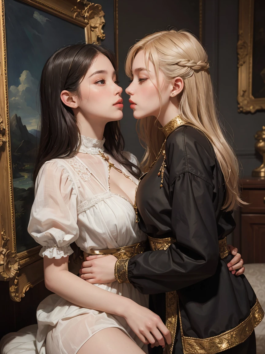young woman, Olhar Telescope, (masterpiece), (HighestQuali), two girls is deeply in love with each other, kiss, Paint oil, Realistic oil painting, bust, clear details, high realism, clothing style of the era