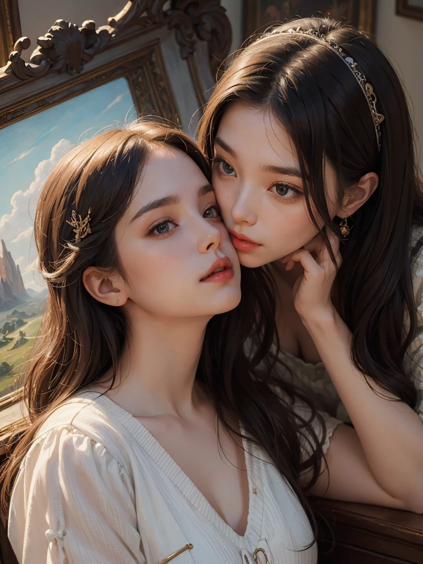 young woman, Olhar Telescope, (masterpiece), (HighestQuali), two girls is deeply in love with each other, kiss, Paint oil, Realistic oil painting, bust, clear details, high realism, clothing style of the era