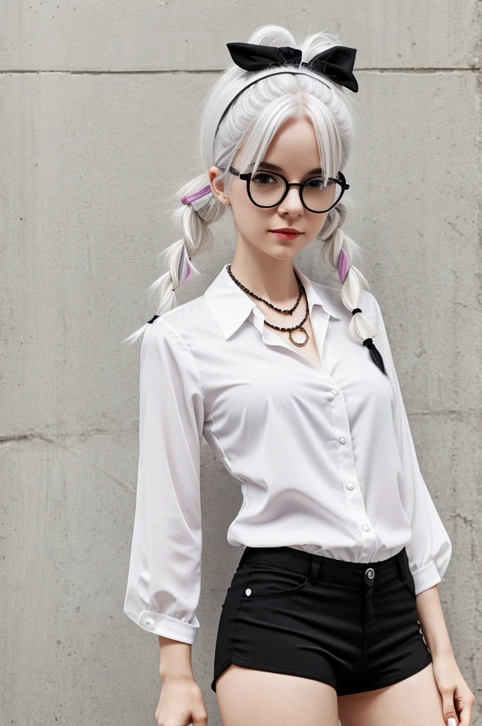 Animated character gender woman white hair with two pigtails and glasses on top of her hair white skin black blouse with a small necklace and small black shorts 