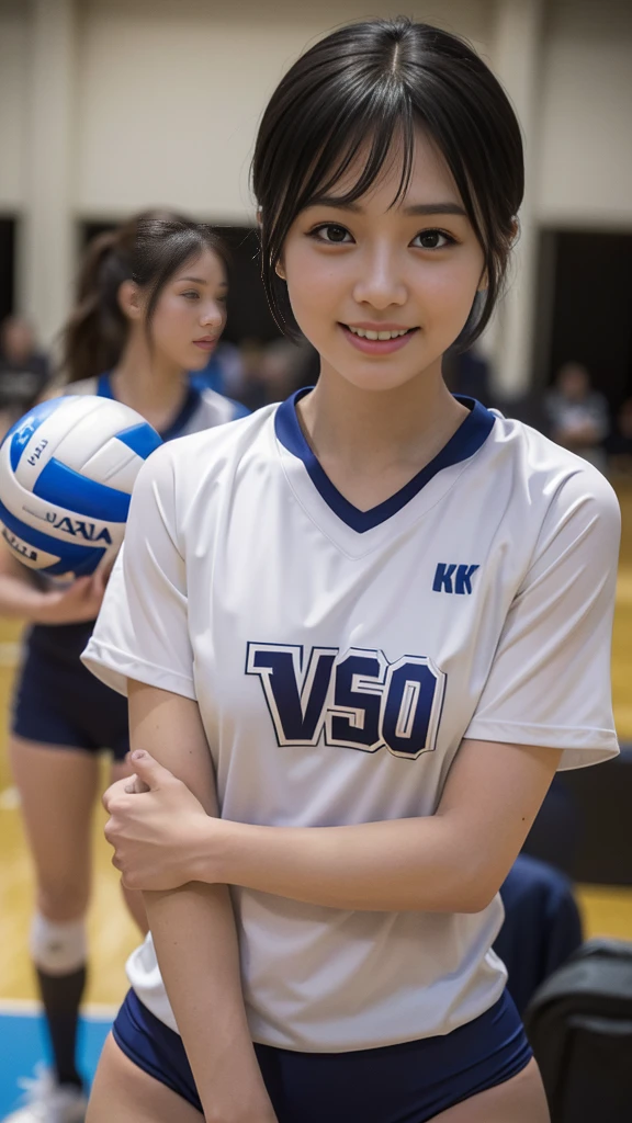 (Volleyball Uniforms)Mix 4,Very detailedな  (8K, RAW Photos, 最high quality, masterpiece: 1.45), (Realistic, Realistic: 1.37), （Ultra-high resolution）（Textured skin）（Very detailed）（high quality）（最high quality）（First Person View）Beauty Women,smile,short hair