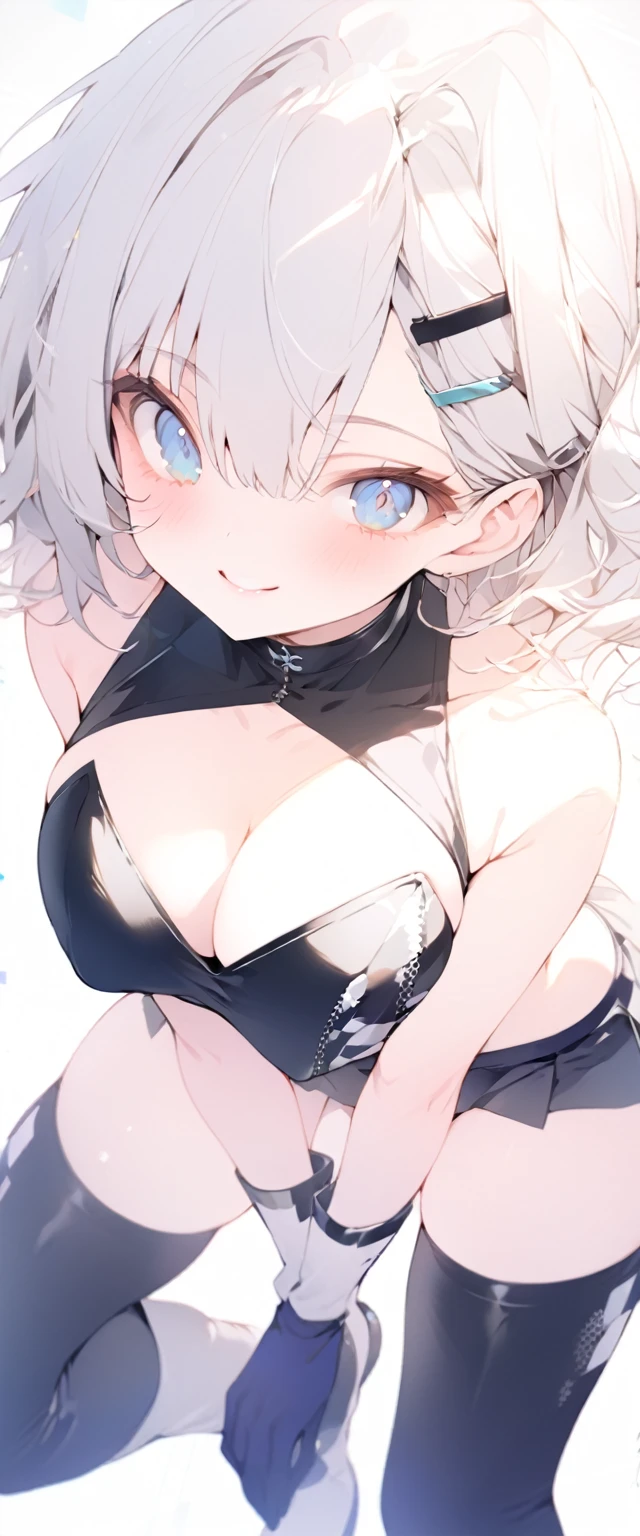beautiful, masterpiece, Highest quality, anime, One girl, C Cup,Portrait Shot, View your viewers, Covered、Short Hair、nearby、Blue Eyes、art、、White hair,Blue streaked hair、wallpaper、hairpin、Cute smile、Thighs、navel、Black and White_Open race queen、Blue-black_Gloves、Blue-black_Knee-high boots、、Cute、Blue-black_Short skirt、circuit、blue sky、Blue-black_mini skirt、Blue-black_Very short skirt