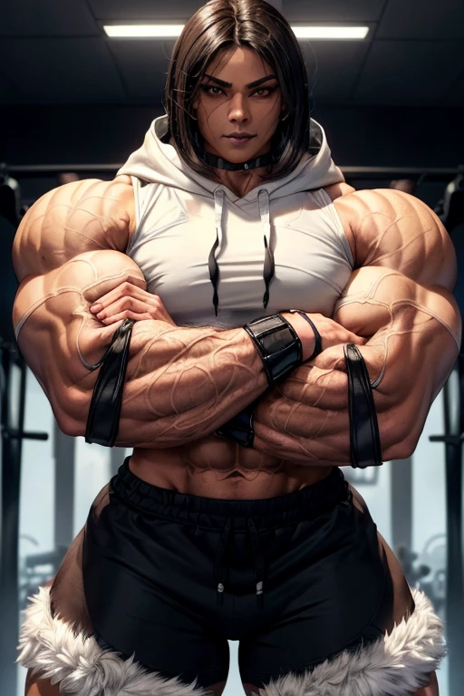 ((((Massive tall, beautiful, buff, light brown skinned muscular woman with black hair, black lipstick, ginormous bulky muscles, crossed arms, and wearing a white cropped hoodie with gym shorts)))), close view, massive muscle, massive biceps, hyper muscle shoulders, massive muscle arms, vascular shoulders, hyper muscle triceps, (long straight hair), orange eyes, choker, sneakers, (crossed arms), in a hot outdoors gym, (fingerless gloves), closed smile, night, hyper vascular arm, hyper muscles arms, hyper muscle legs, massive arms.