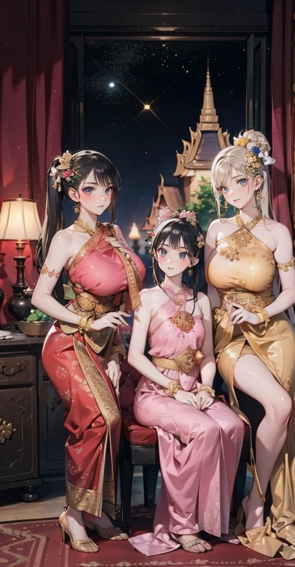 Group of 5 princesses,(5 young women,many young women), (in the bedroom), Various hair styles, harem, Wearing a strapless Thai dress.., at night, detailed face, big breasts,Breast curtain, short skirt, mule, Sleeveless , Show your armpits, at night, starry at night,(large areolae:1.4,pink,The nipples are clearly visible....)