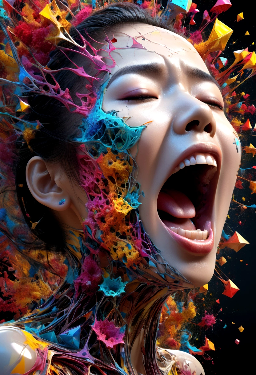 A Thai woman's face with her mouth wide open screams in pain., splatter, 3D cubic distribution of the body, surreal cgi masterpiece, bright colors, mechanical dispersion, decay of the biosphere, Highly detailed, , fractal art, , 16K, geometric concept art, sharp line