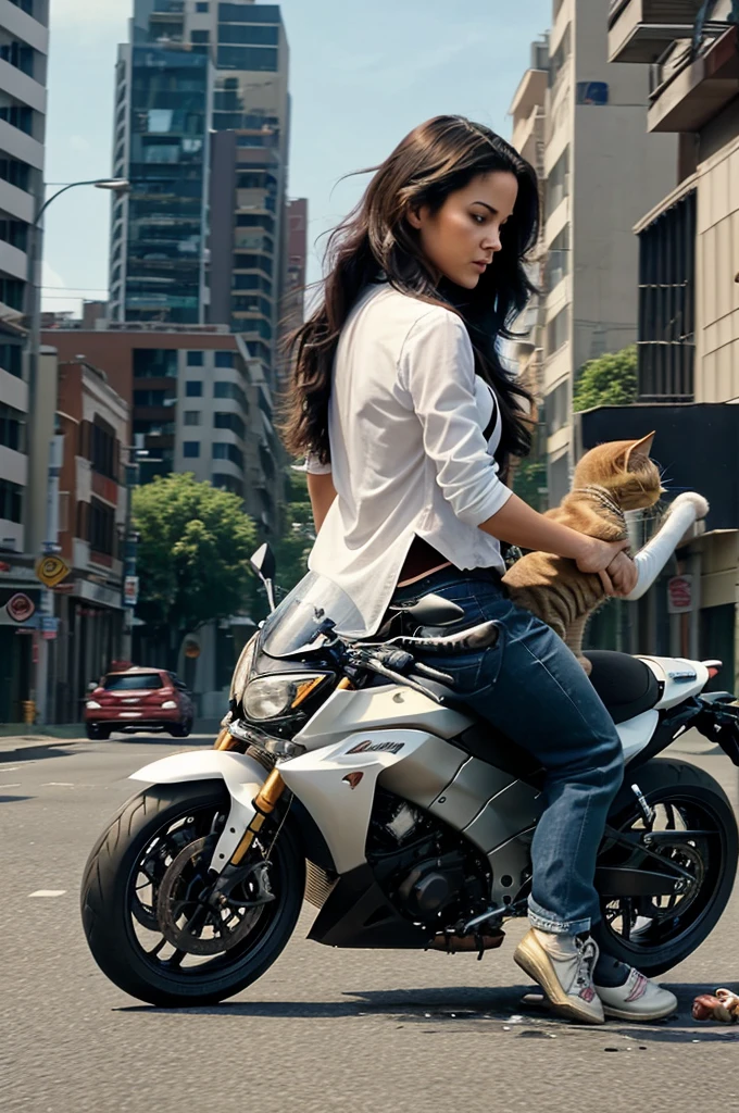 Visuals: Transition to the scene where the mother cat and her kitten are crossing the street. A motorcycle suddenly appears, hitting them.Sound Effects: Sound of a motorcycle approaching and a sudden crash.Narration: "One unfortunate day, while crossing the street, tragedy struck. A speeding motorcycle hit the mother cat and her kitten, leaving them injured on the road."