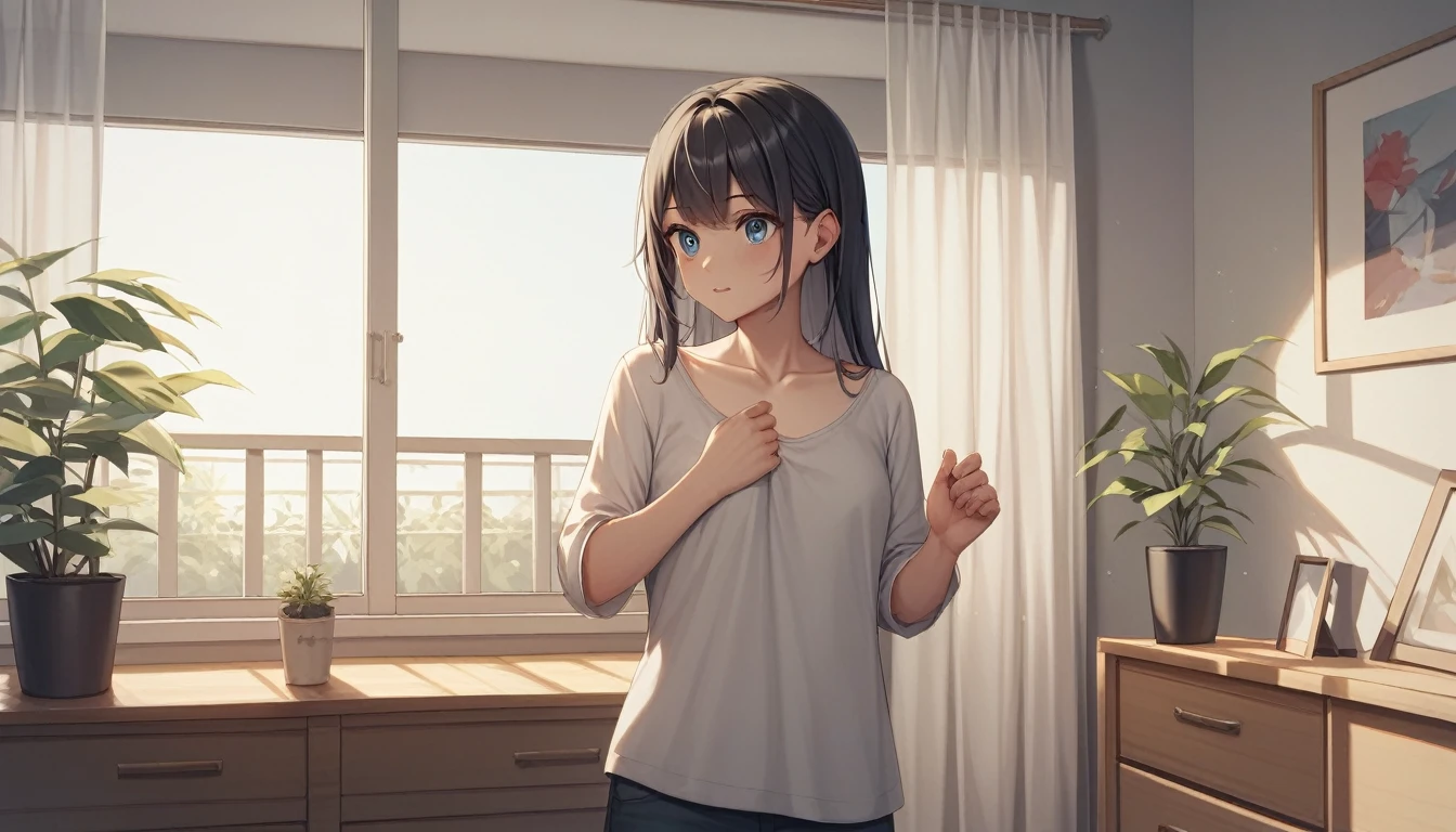 (masterpiece:1.3)、(Highest quality:1.3)、 (Perfect hands:1.2)、(Perfect Anatomy:1.2)、Highly detailed CG、night、Living room at home、A cute girl with black hair and dark blue eyes in casual clothes、The girl is standing and facing forward、There is no one but the girl、Hands down