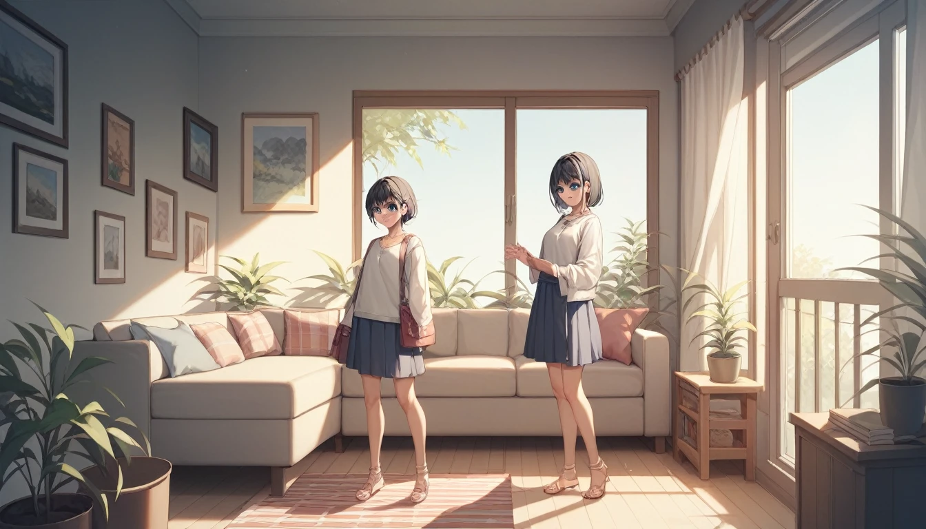 (masterpiece:1.3)、(Highest quality:1.3)、 (Perfect hands:1.2)、(Perfect Anatomy:1.2)、Highly detailed CG、night、Living room at home、A cute girl with black hair and dark blue eyes in casual clothes、The girl is standing and facing forward、There is no one but the girl、Hands down